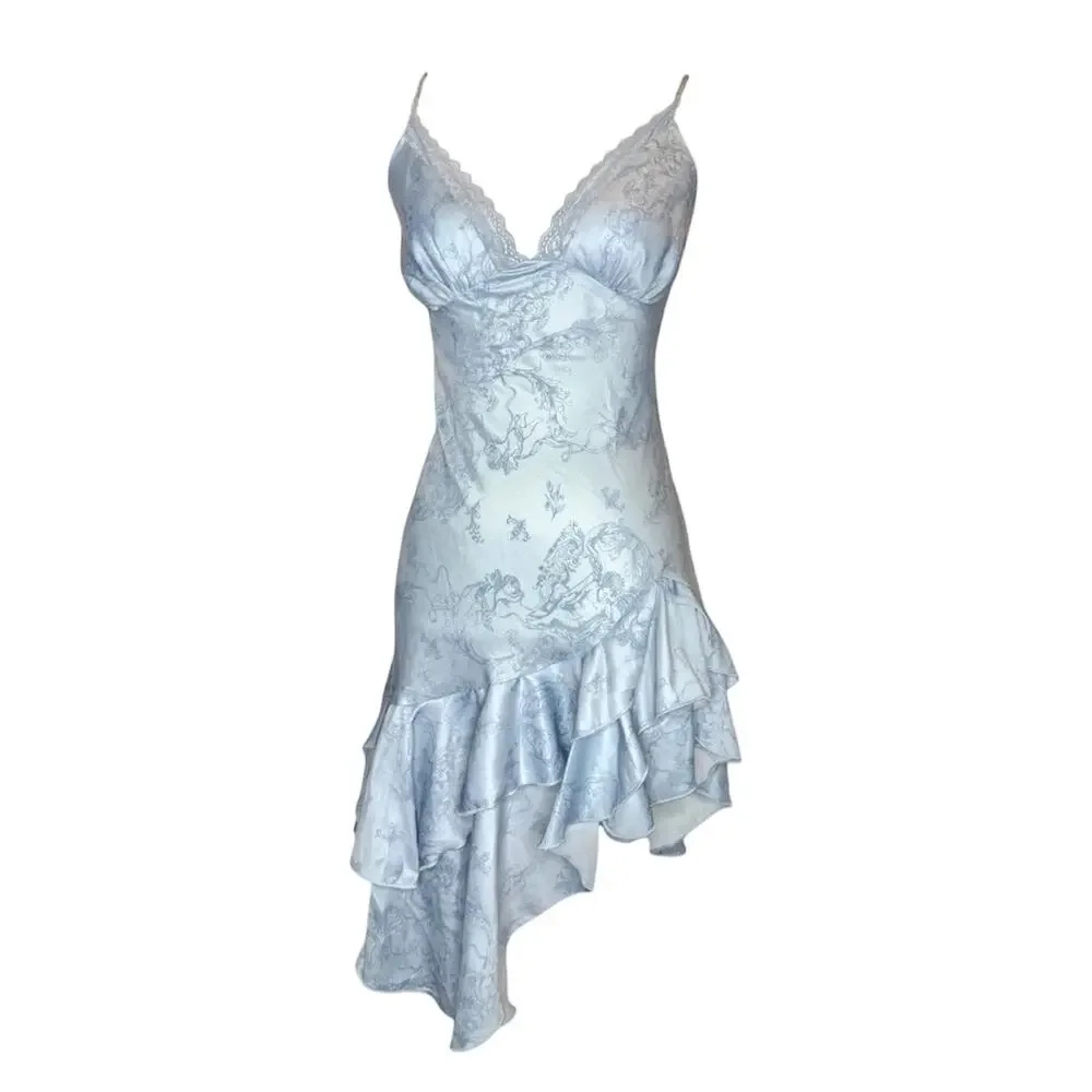 Urban Outfitters Kimchi Blue Asymmetric Ruffle Slip Dress Lace V Neck Blue S